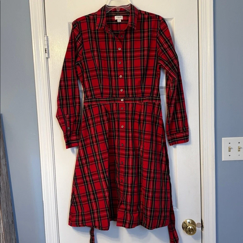 J. Crew Red Plaid Long Sleeve Tie Waist Shirt Dress 12 - Picture 2 of 8